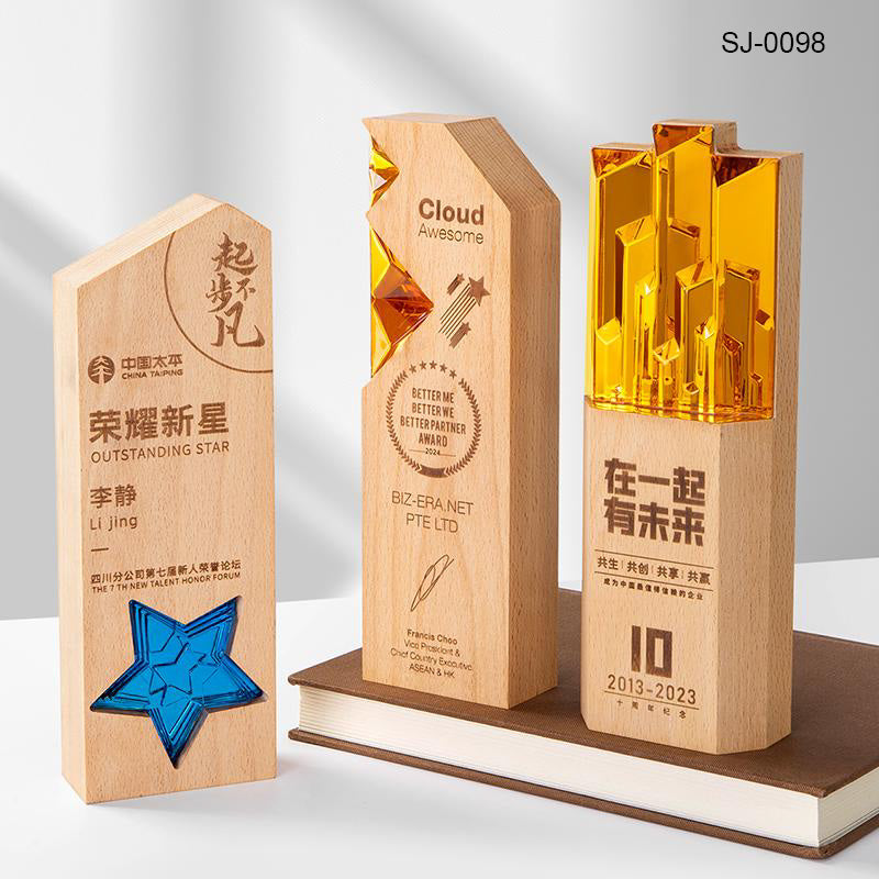 Crystal & Wooden Trophy Awards Custom Design Corporate Gifts